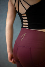 Load image into Gallery viewer, Strong Gold IrishDance Leggings, Dark Red Black, Pockets
